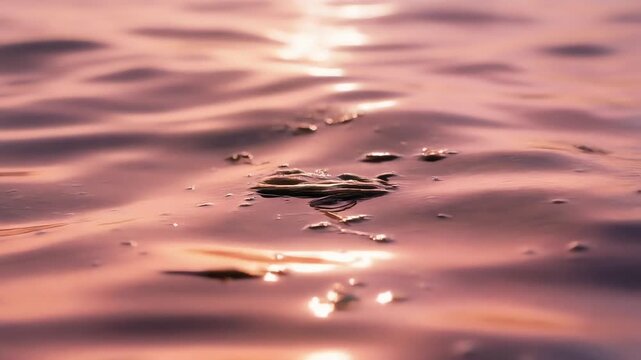 Close-up of a sunlit water surface painted in pink and gold, with gentle ripples and scattered highlights. The glossy liquid mirrors fading light, creating soft texture and a tranquil dreamlike mood