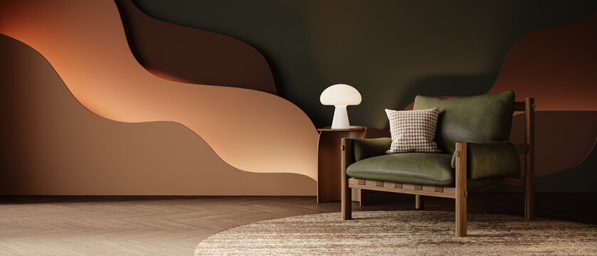 Warm and natural living room with empty wall background. Modern living room design with green leather armchair. 3D Rendering, 3D Illustration