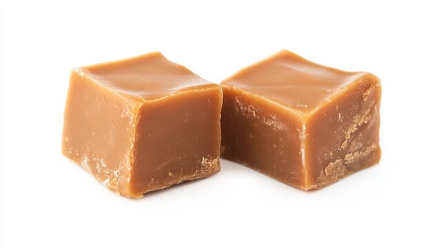 Two delicious homemade caramel fudge squares on a white background, showcasing rich texture and sweet indulgence for dessert lovers