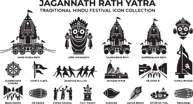 Jagannath Rath Yatra Traditional Hindu Festival Silhouette Icon Collection
