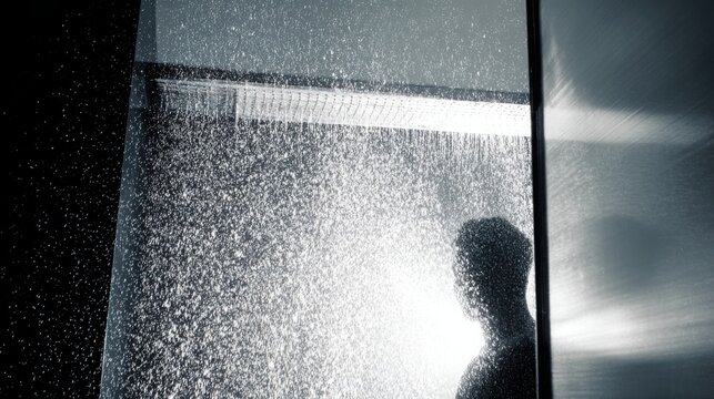 refreshing cold shower water splashing, human silhouette in bathroom, steam contrast, heat relief concept, minimalist modern bathroom, ultra