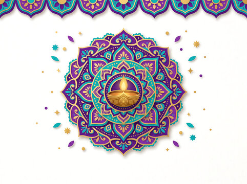 Minimalist diwali composition with abstract rangoli and single diya on white background vector illustration