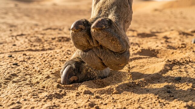 Close-up of a camel foot stepping into golden desert sand, detailed texture of animal skin