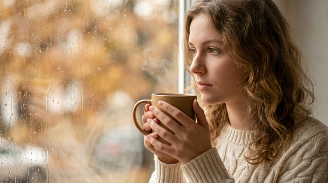 Young woman holding a warm cup of coffee while looking out the rainy window.