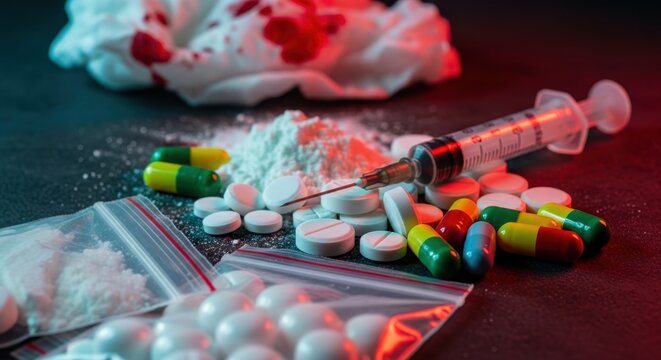 Gritty high contrast close up of various illegal drugs including powder, pills, and a syringe.