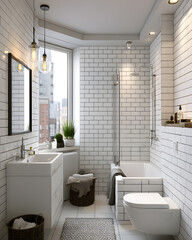 Elegant Urban Bathroom Design Featuring Subway Tiles in a Cozy Small Apartment Setting © Thisisbest