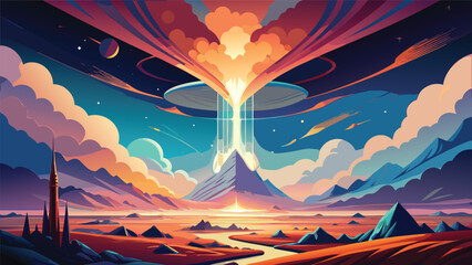 Surreal alien planet landscape with glowing sci-fi energy portal beam above mountain range sci fi landscape mountain futuristic universe exploration astronomy mysterious colorful atmosphere © Joy Dev