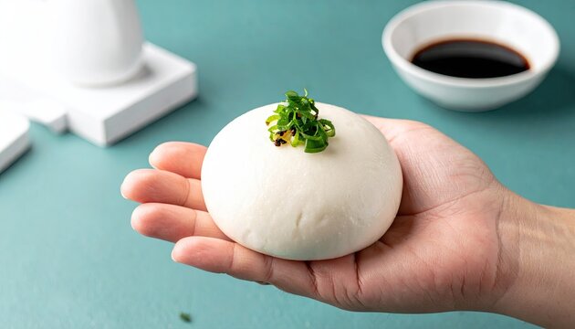 Hand holding steamed bao bun with sauce.