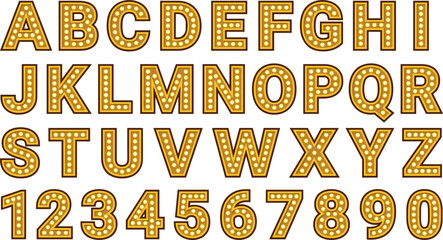 Gold Marquee Light Bulb Alphabet and Numbers Vector Font Set for Broadway Theater Signs, Casino Night Graphics, and Retro Hollywood Typography Layouts © rumi