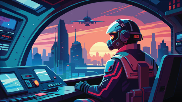 Futuristic pilot in cockpit looking at cityscape during sunset with high tech spaceship aviation futuristic astronaut technology dashboard adventure exploration perspective lighting