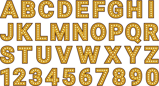 Gold Marquee Light Bulb Alphabet and Numbers Vector Font Set for Broadway Theater Signs, Casino Night Graphics, and Retro Hollywood Typography Layouts
