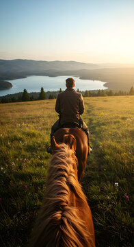 Rider on Horseback Overlooking a Serene Lake at Sunset in a Lush Meadow with Wildflowers and Mountains in the Background