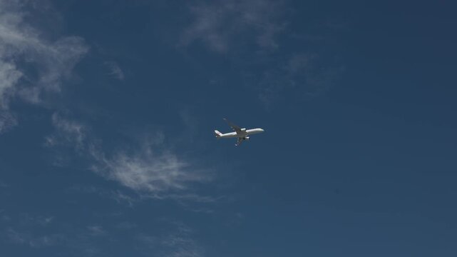 White plane in the sky, some clouds