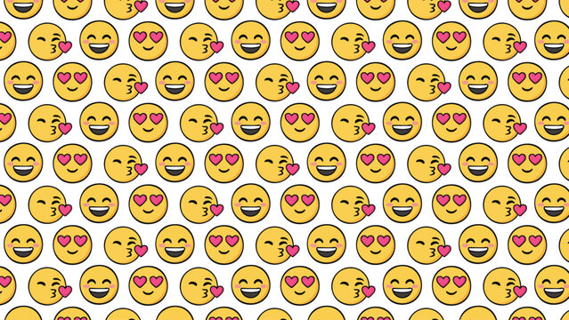 Emoji pattern with smiling faces and kiss expressions alternating in cheerful grid design for playful digital communication artwork