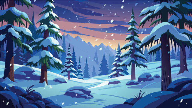 Winter forest scene with snow covered pine trees at sunset landscape seasonal woodland evergreen twilight outdoors beautiful peaceful environment background illustration wilderness