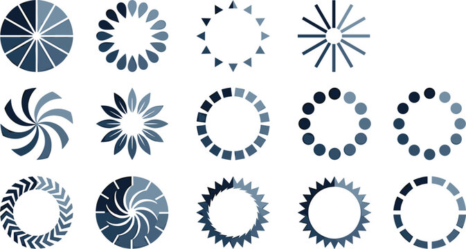 Modern UI Loading Spinner Icons and Progress Bar Indicator Set with Circular Geometric Graphics for Digital Web Applications and Software Interface Designs