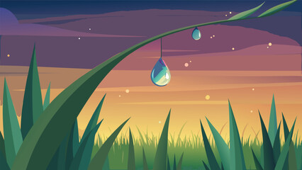 Abstract illustration of morning dew drops on grass blade at dawn with botanical background environment freshness transparent sunlight tranquil peaceful droplets abstract stylized © Joy Dev