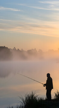Fisherman Casting Line into Tranquil Lake at Sunrise Surrounded by Mist in Serene Natural Landscape