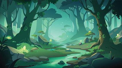 Enchanted glowing forest with a winding stream and magical light enchanted fairytale mystical luminescent landscape tranquil peaceful environment wilderness vegetation boulders ethereal © Joy Dev