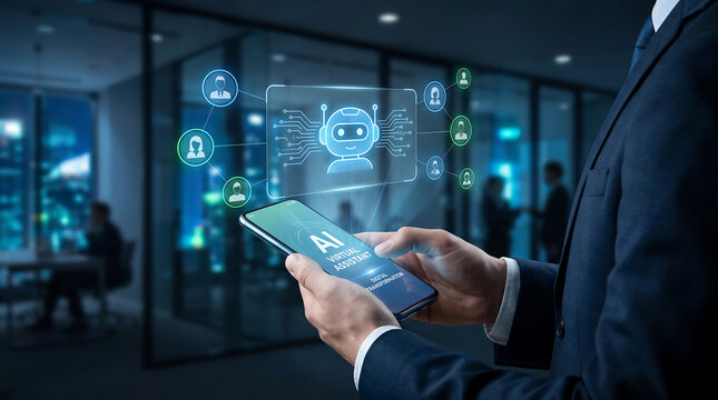 Businessman holding smartphone with holographic artificial intelligence interface display.