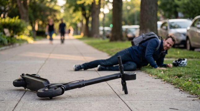  Electric scooter accident concept. Focus on a fallen e-scooter on the sidewalk with an injured man lying on the grass in the blurred background