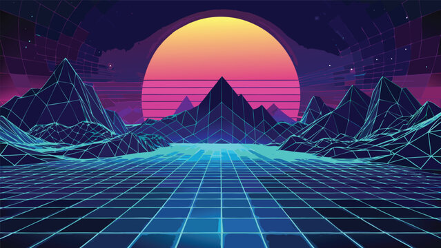 Retro synthwave landscape with glowing neon grid and mountains synthwave retrowave landscape mountains futuristic cyberpunk aesthetic eighties abstract background environment perspective