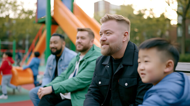 Group fathers sitting playground smiling watching children play, casual outdoor gathering. Bearded man relaxed candid lifestyle. Modern parenting community diverse bonding.