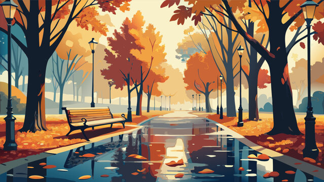 Empty park bench on a rainy autumn day with colorful fallen leaves reflection seasonal outdoors landscape tranquil peaceful solitude environment daylight background illustration artistic