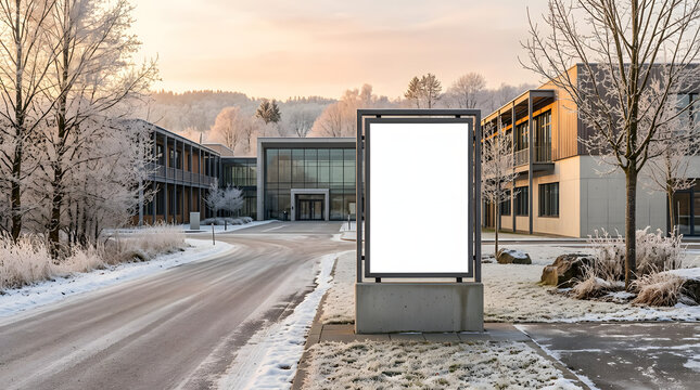 empty billboard in front of modern buildings on snowy road