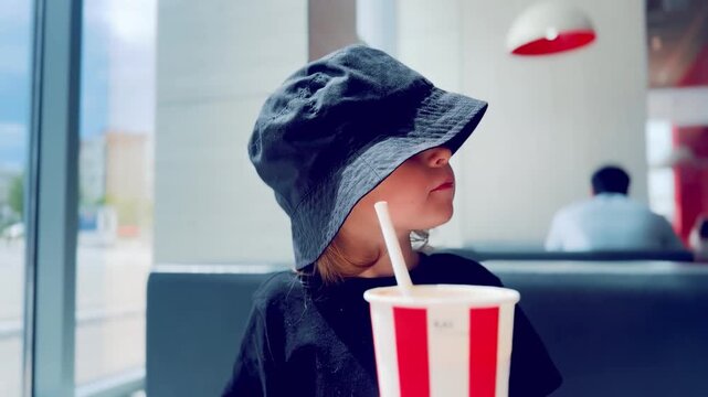 Child enjoying a creamy milkshake while sitting in a modern fast food restaurant. Family dining, kids meal, refreshing beverage and casual restaurant lifestyle