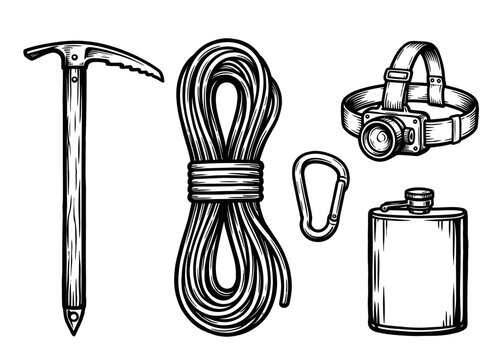 Mountaineering gear set with ice pick, coiled rope, headlamp and flask, hand drawn vintage engraving, vector illustration