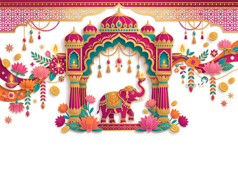 Regal diwali composition with palace arches and jeweled elephanta on white background vector art