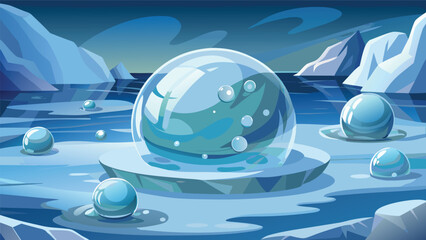 Frozen landscape with floating ice orbs and bubbles in arctic climate landscape environment background transparent floating beautiful reflection abstract illustration creative conceptual © Joy Dev
