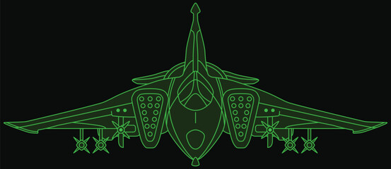 Fototapeta premium Combat fighter jet icon. Military airplane in front view. Aircraft with weapons missiles and gun, isolated on black background. Outline cyber green computer style. Vector illustration