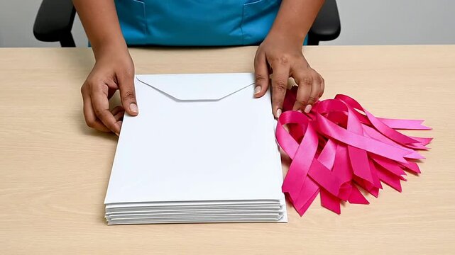 Healthcare Outreach Worker Arranging Pink Ribbons Beside Blank Papers in Breast Cancer Awareness Campaign