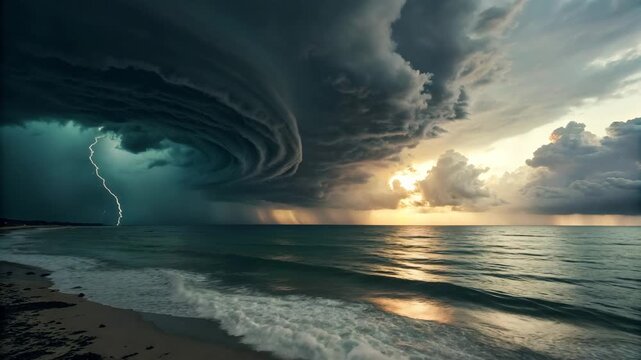 Dramatic storm approaching a tropical beach with lightning strikes and powerful waves during sunset