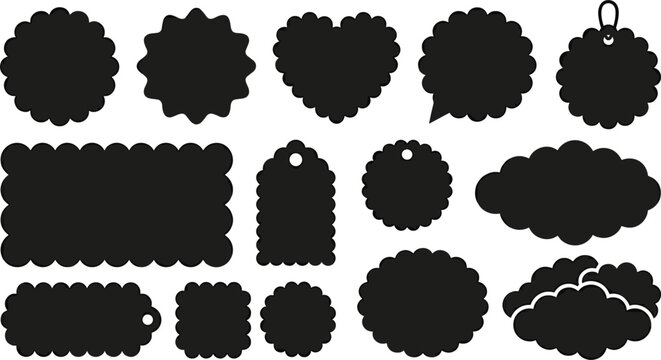 Scalloped Black Blank Tag and Label Silhouette Collection with Cloud Heart Round and Rectangle Frames for Creative Graphic Price Sticker Designs
