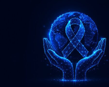 Glowing digital hands cradling a ribbon symbolising awareness and support. futuristic low ply neon world day against trafficking. futuristic low ply neon world day against trafficking in persons