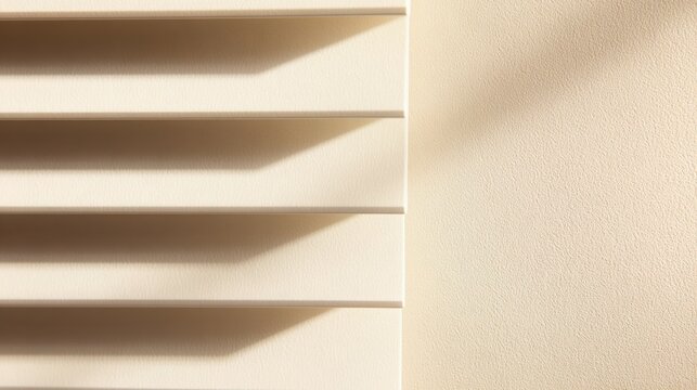 soft morning sunlight casting window blind shadows on textured beige wall, minimalist interior background, realistic lighting, elegant negative