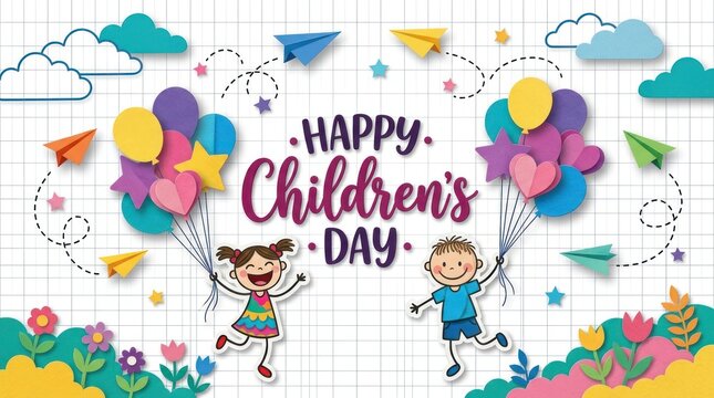 Happy childrens day greeting card with jumping kids and paper art decorations children celebration balloons illustration childhood greeting colorful background youthful excitement