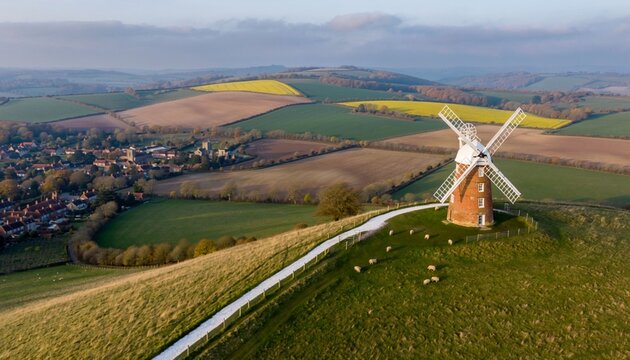 Fields and Farms over Halnaker Hill and the Windmill Trail from a drone, Boxgrove Village, West Sussex, England