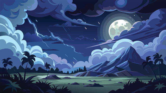 Night landscape with full moon and dramatic clouds over mountains landscape moonlight mountains dramatic wilderness peaceful tranquil tropical reflection atmosphere darkness nightfall