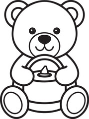 Fototapeta premium A cute teddy bear illustration, black and white, sits and holds a steering wheel, symbolizing playfulness and imagination.