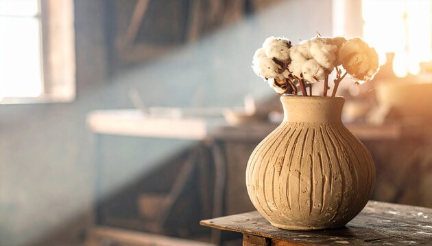 Golden vase with dried flowers on wooden table near window.
