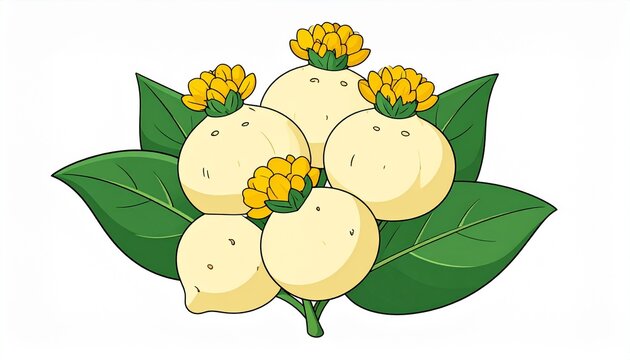 Fresh green leaf with ripe yellow mangoes and flowers.