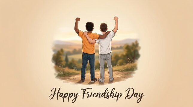 Two best friends standing together arms raised high celebrating international friendship day outdoors with friendship celebration landscape togetherness community illustration together
