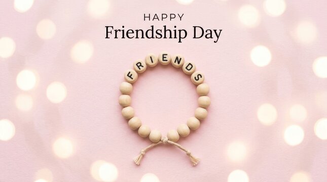 Happy friendship day greeting card with wooden bead bracelet against pink bokeh background friendship bracelet greeting celebration accessory background affection connection decorative