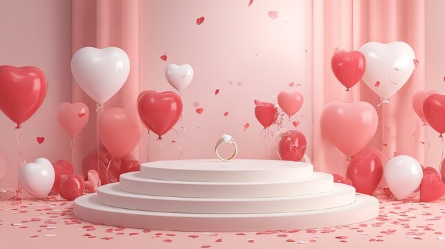 Romantic valentine's day stage with hearts, balloons, and a diamond ring, symbolizing love, commitment, and celebration