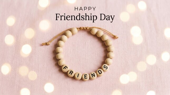 Happy friendship day message with wooden bead bracelet on a soft pink background friendship bracelet greeting celebration accessory background affection connection decorative kindness