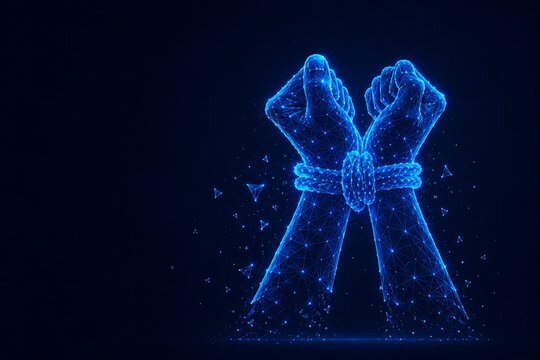 Digital glowing wireframe rendering of bound human hands representing captivity. futuristic low ply neon world day against. futuristic low ply neon world day against trafficking in persons